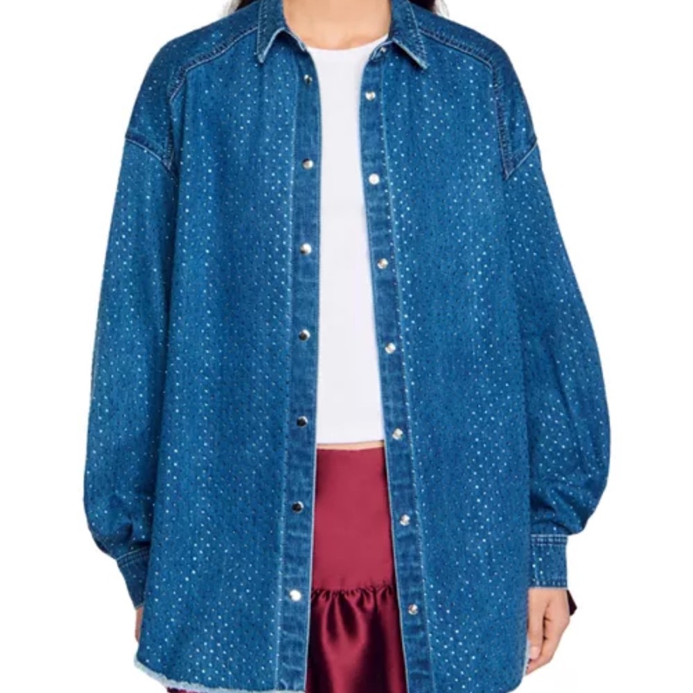 Sandro Blue Embellished Denim Shirt Jacket